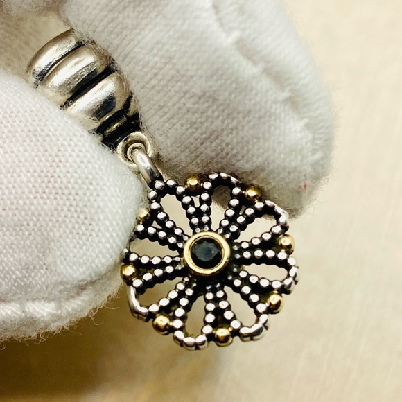 EUC Pandora 790874CZK Sterling Silver & 14k Yellow Gold Lace Flower Dangle Clip - Picture 3 of 7